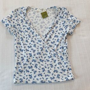 Zara Blue and White Floral Wrap Top